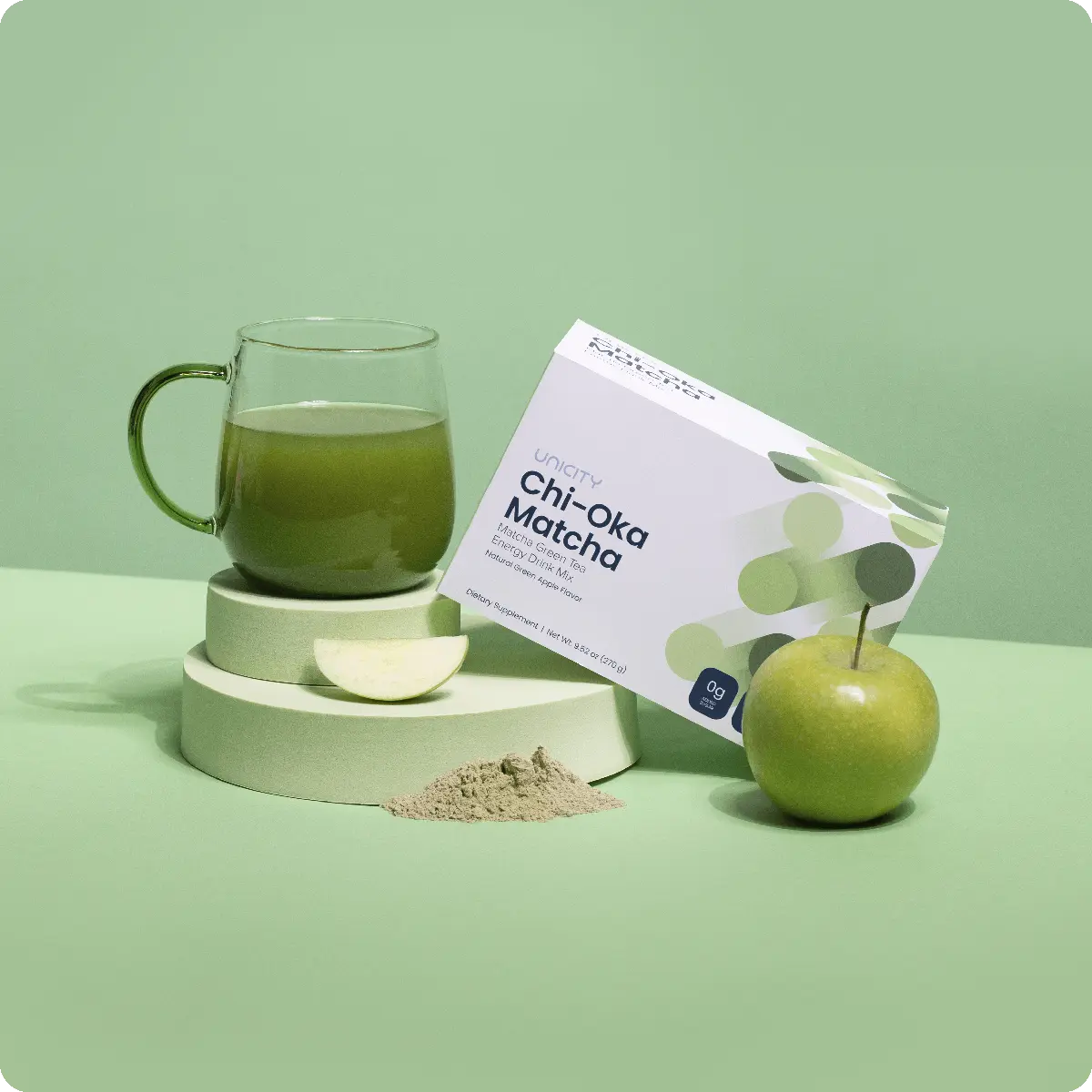 Glass of Chi-Oka Matcha next to box