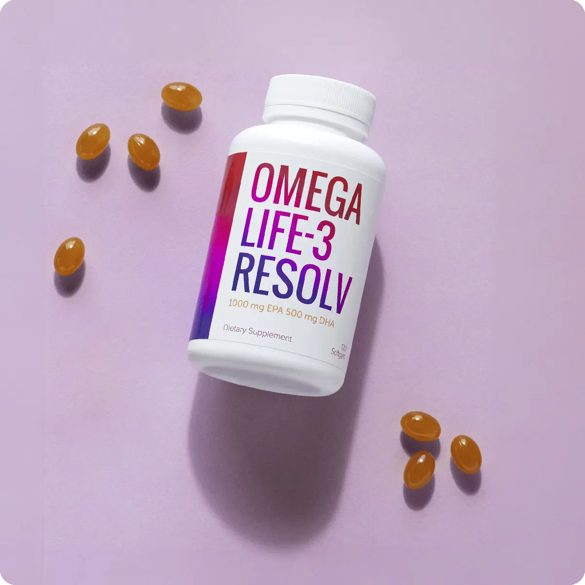 Botella de OmegaLife-3 Resolv de Unicity junto a las cápsulas blandas