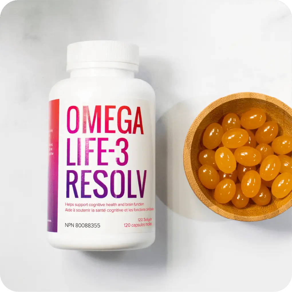 Contenant d'OmegaLife-3 Resolv à côté des capsules molles