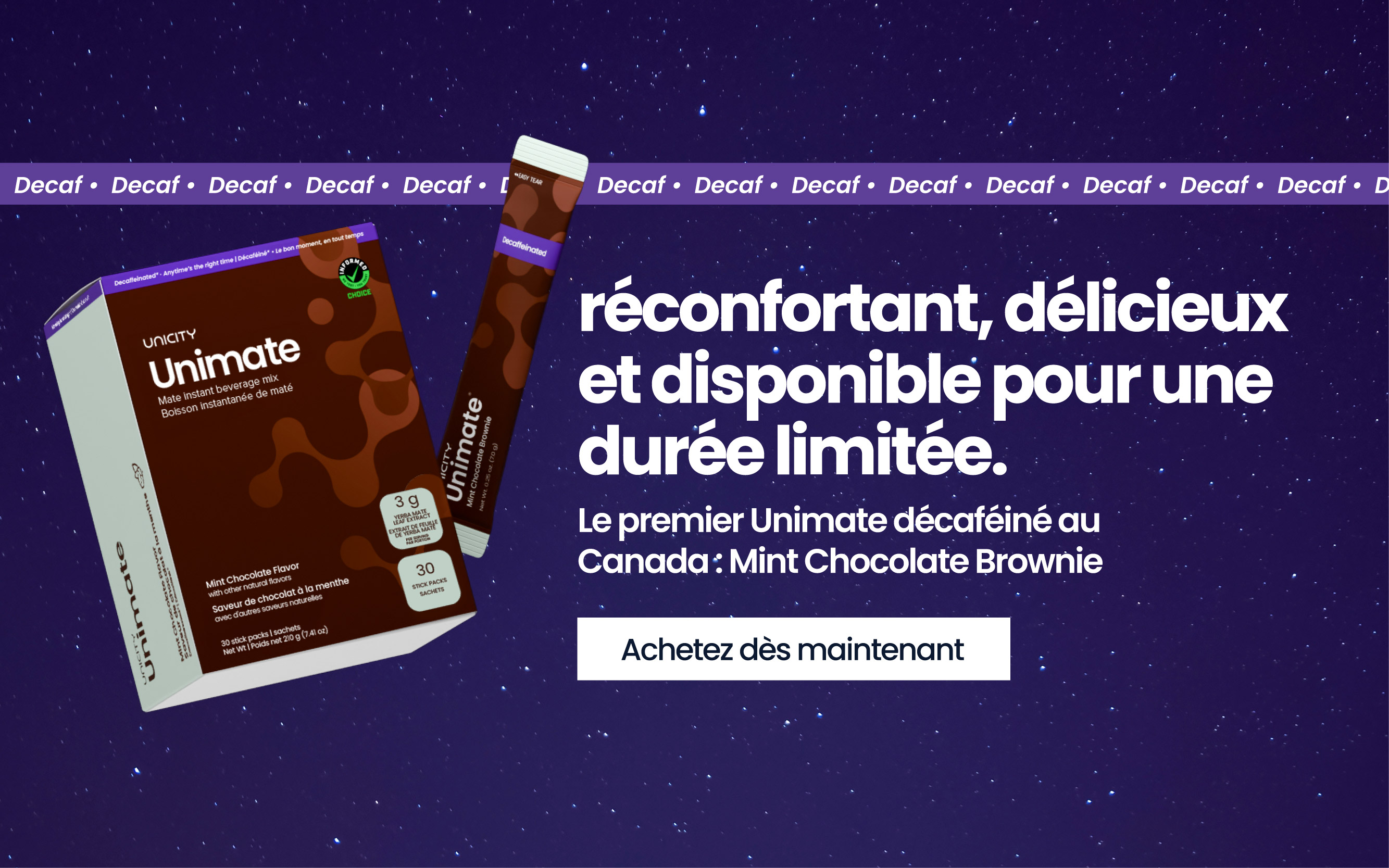 Unimate Mint Chocolate Brownie décaféiné, disponible pour une durée limitée.