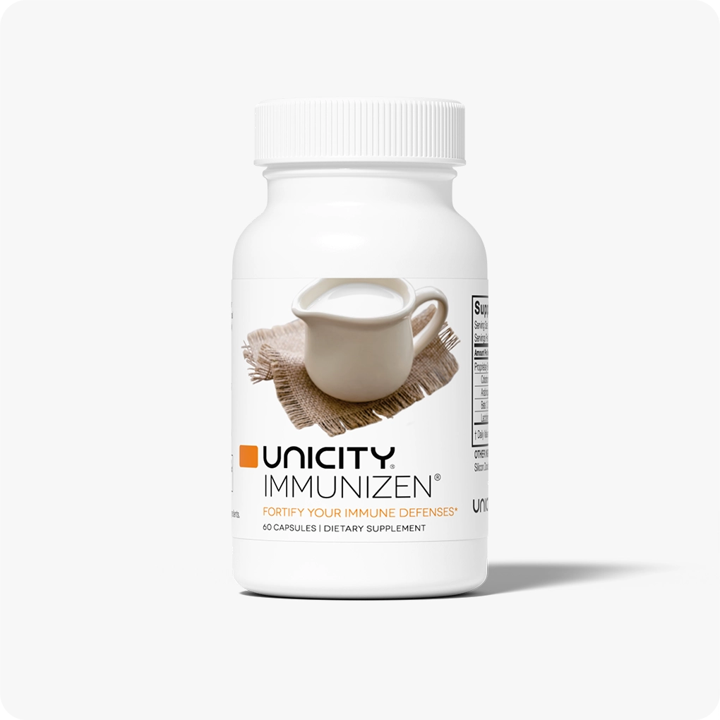 Unicity Immunizen supplement bottle with colostrum and beta-glucans for immune system and gut health support
