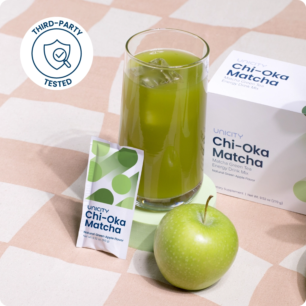 Unicity Chi-Oka Matcha box, prepared drink, sachet, apple, and third-party tested label