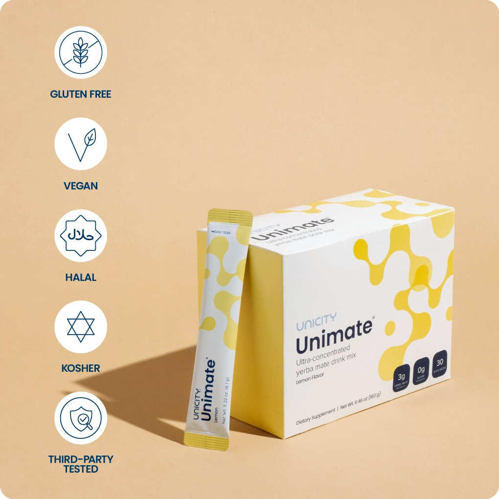 Unimate Lemon box and stick pack with certification labels