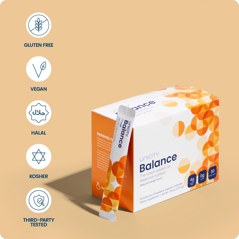 Unicity Balance Natural Orange stick back next to box, featuring third-party certifications: gluten-free, vegan, kosher, and lab tested