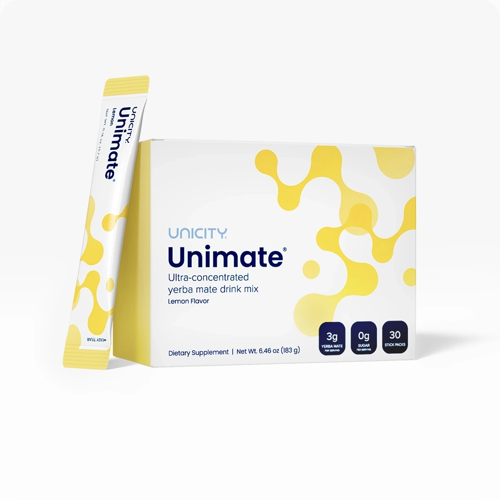 Unicity Unimate Natural Lemon box and stick pack with yerba mate for energy, focus, and mood support
